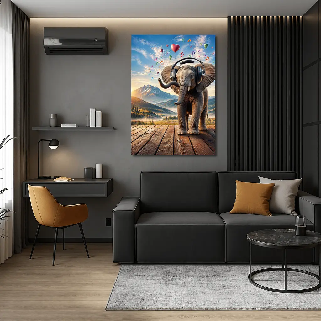 Elephant With Headphones Music Mountain Landscape – Wall Art
