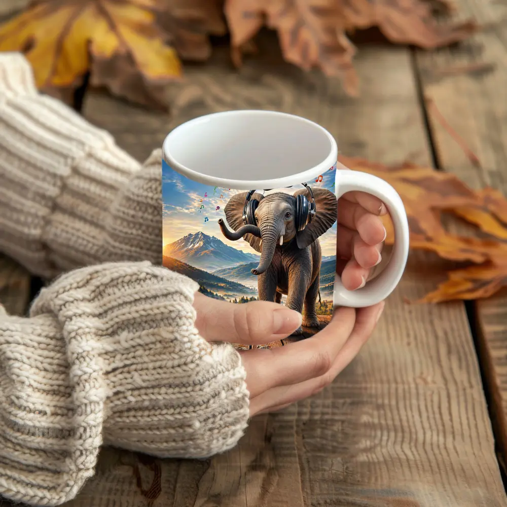 Elephant With Headphones Music Mountain Landscape – Mugs