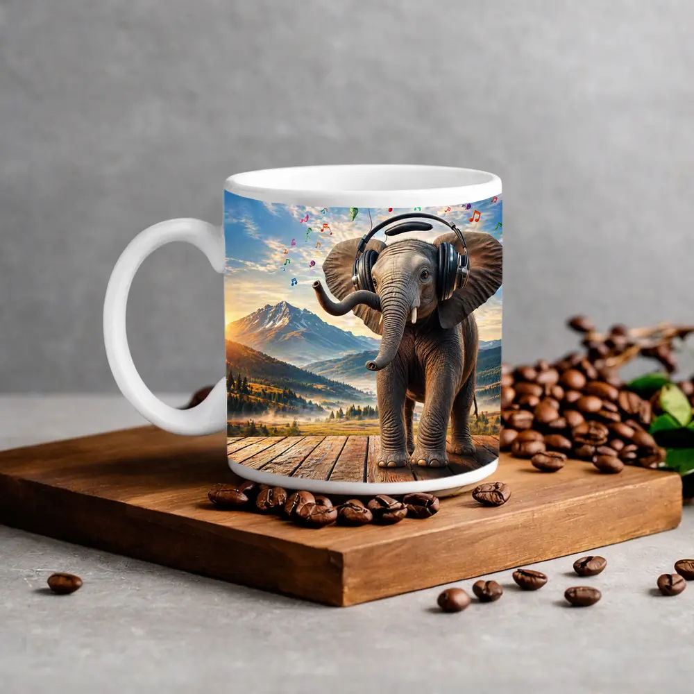 Elephant With Headphones Music Mountain Landscape – Mugs