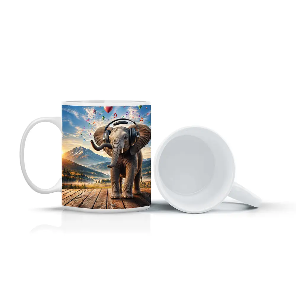 Elephant With Headphones Music Mountain Landscape – Mugs