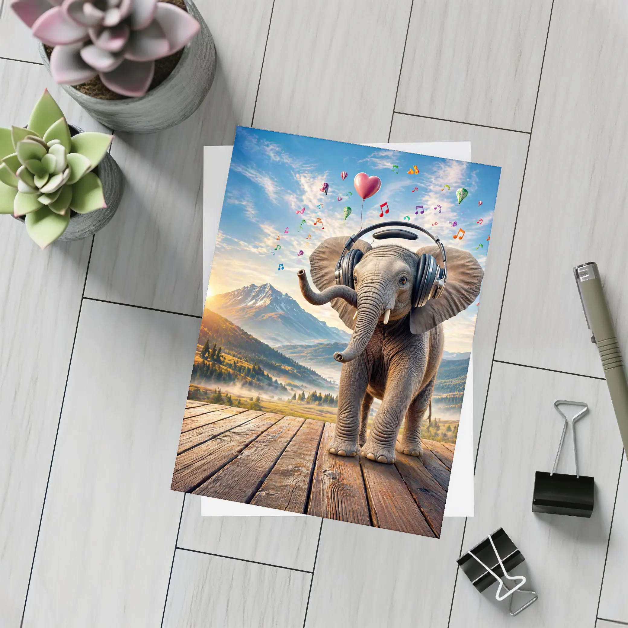 Elephant With Headphones Music Mountain Landscape – Postcards