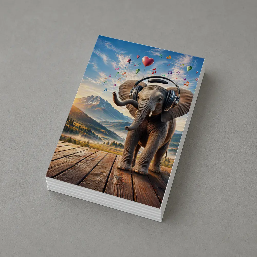 Elephant With Headphones Music Mountain Landscape – Postcards
