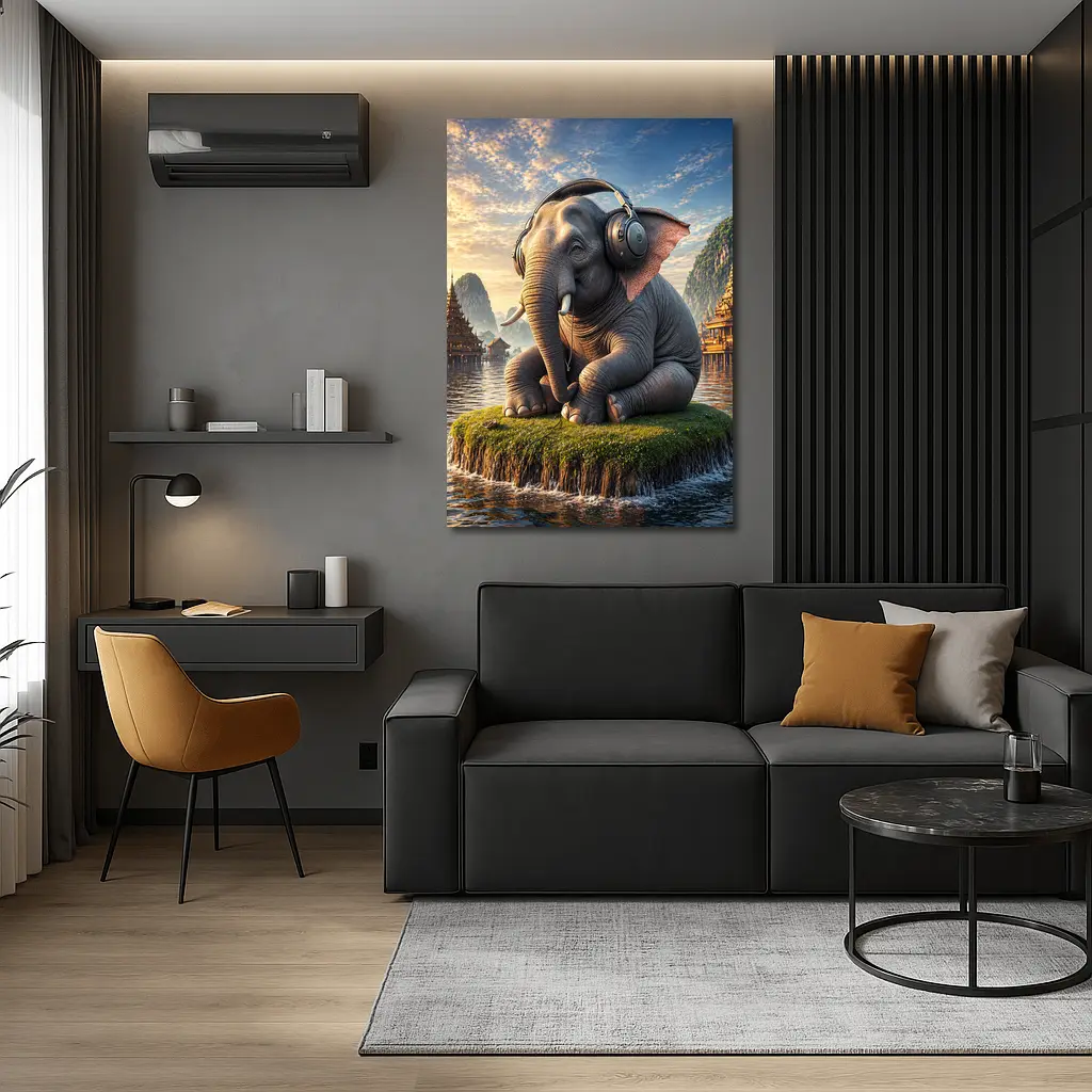 Elephant With Headphones Sitting On Mossy Island – Wall Art