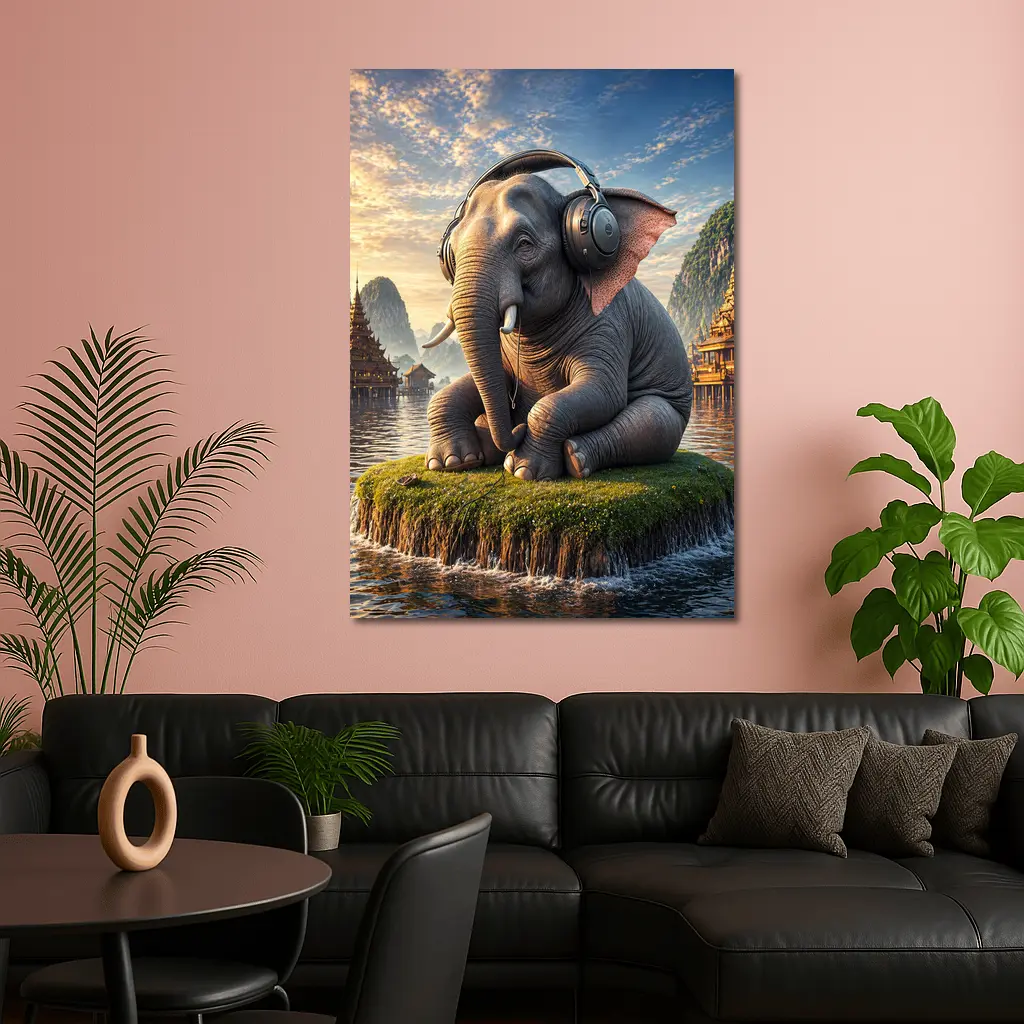 Elephant With Headphones Sitting On Mossy Island – Wall Art