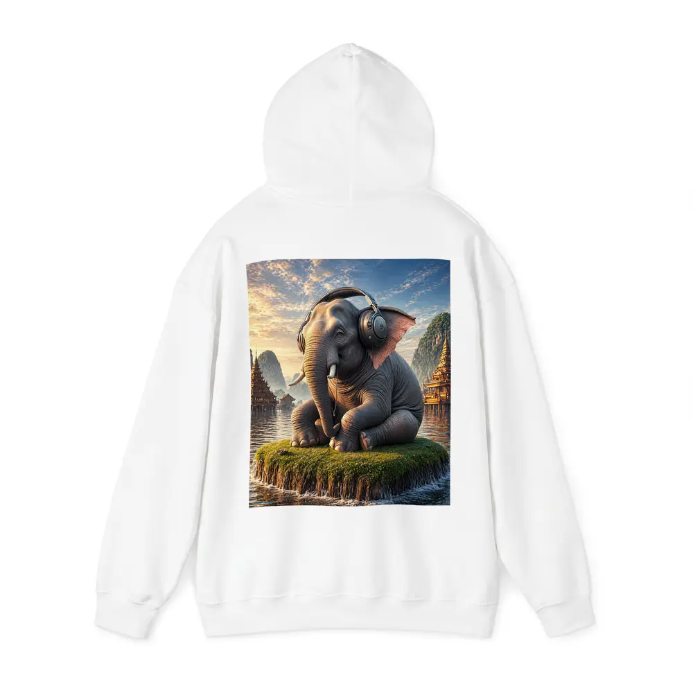 Elephant With Headphones Sitting On Mossy Island – Hoodies
