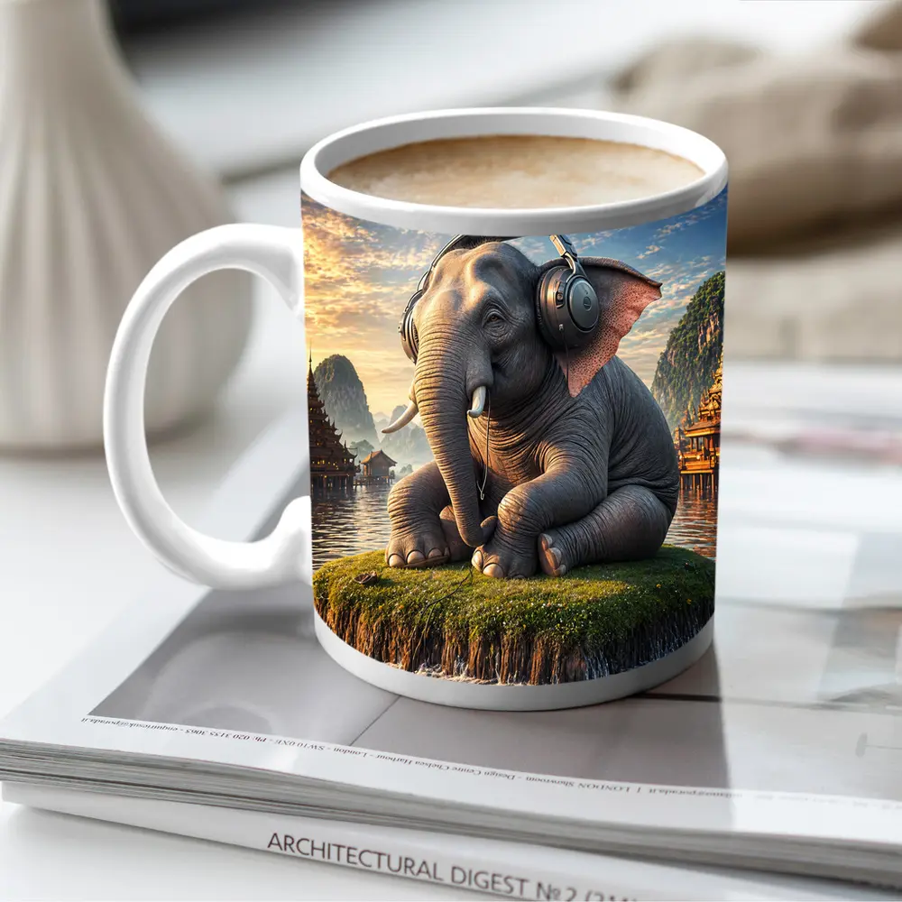 Elephant With Headphones Sitting On Mossy Island – Mugs