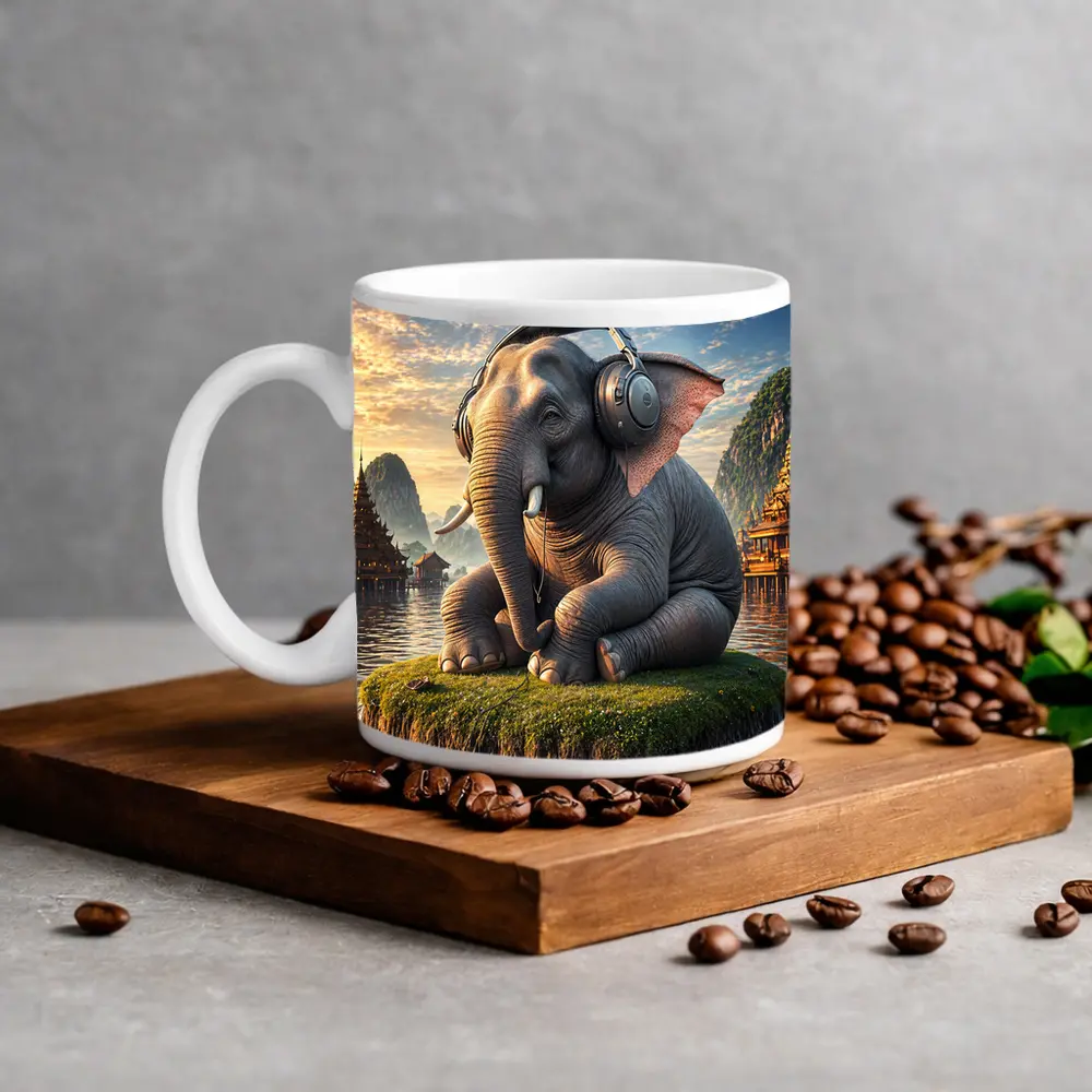 Elephant With Headphones Sitting On Mossy Island – Mugs