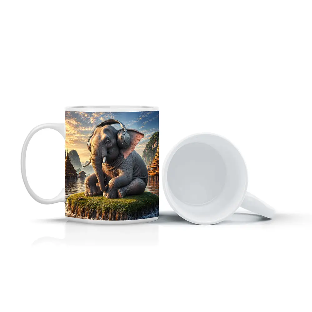 Elephant With Headphones Sitting On Mossy Island – Mugs