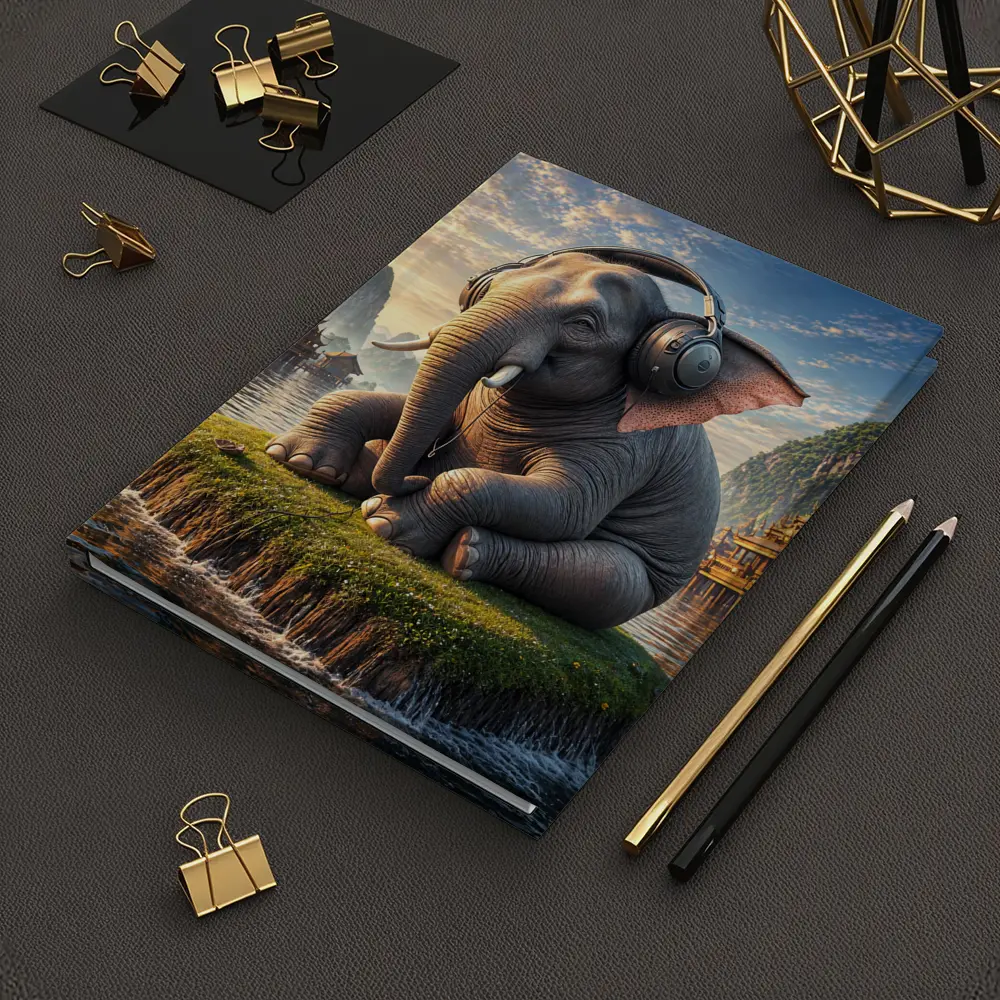 Elephant With Headphones Sitting On Mossy Island – Notebooks