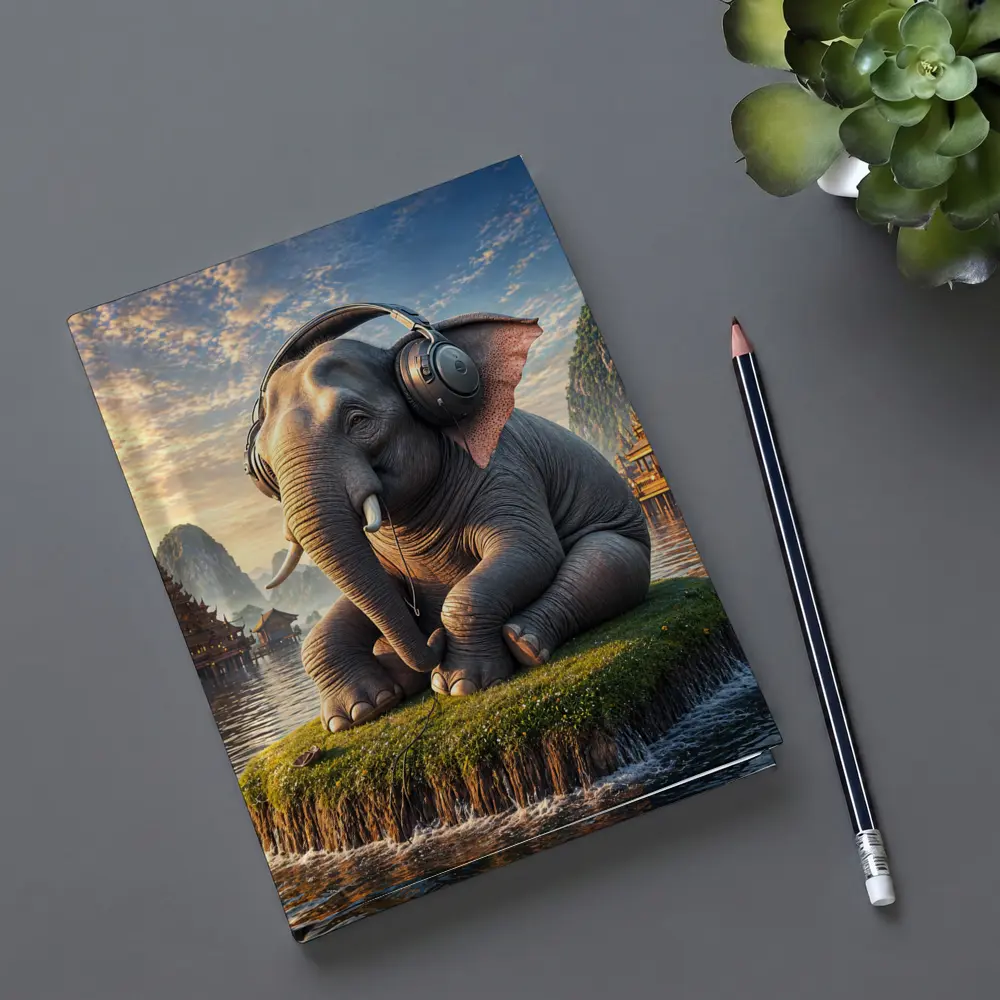 Elephant With Headphones Sitting On Mossy Island – Notebooks