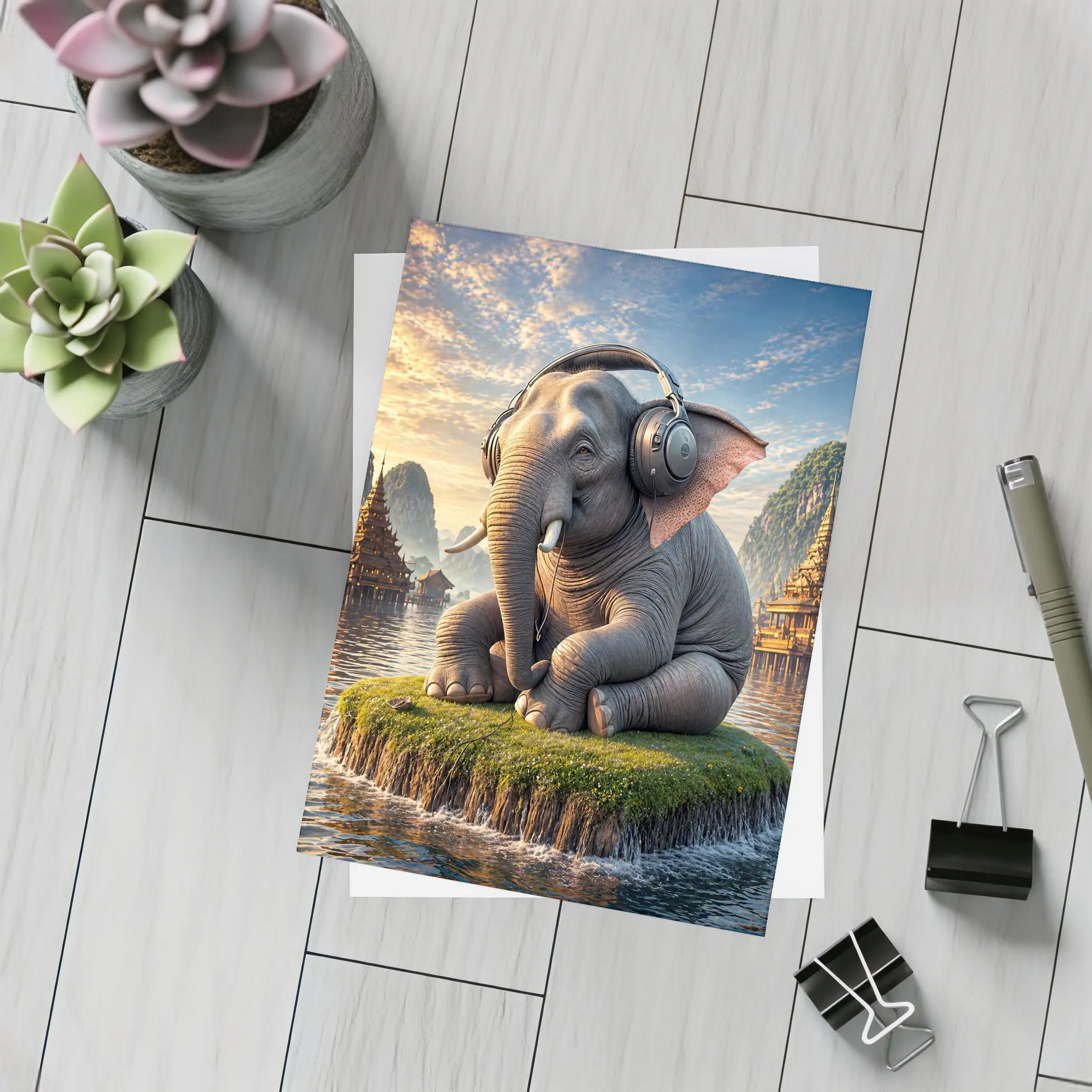 Elephant With Headphones Sitting On Mossy Island – Postcards