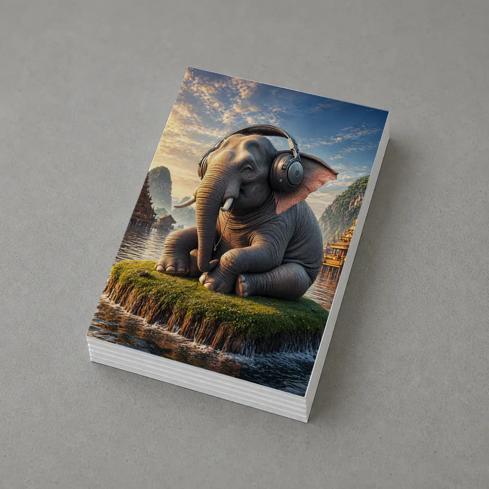 Elephant With Headphones Sitting On Mossy Island – Postcards
