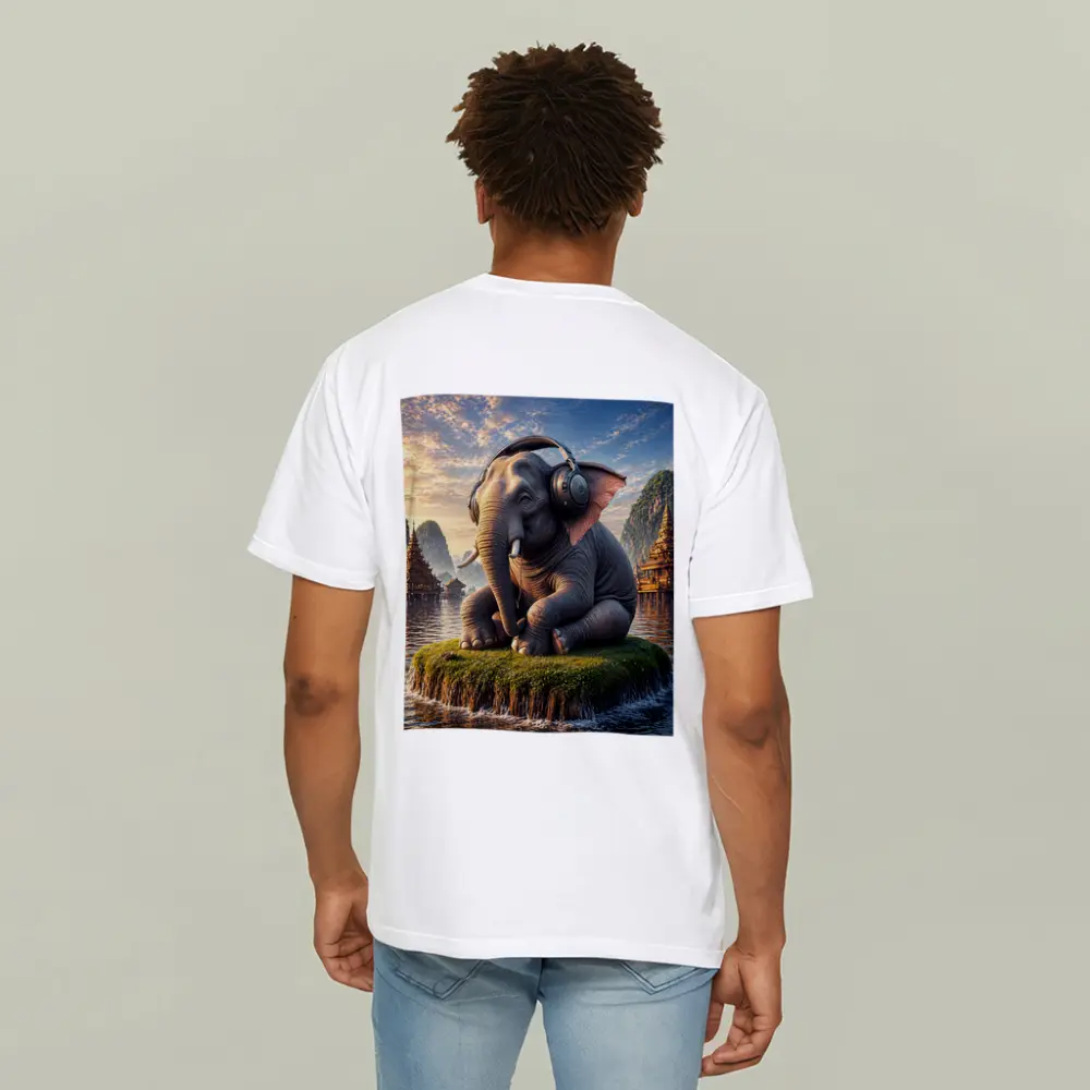 Elephant With Headphones Sitting On Mossy Island – T-Shirts