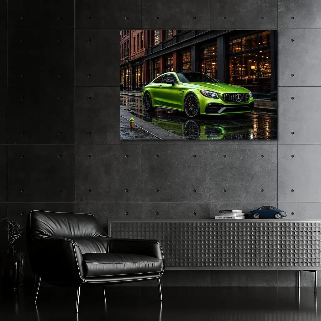 Mercedes-AMG C63 Green Rainy Urban Street – Wall Art