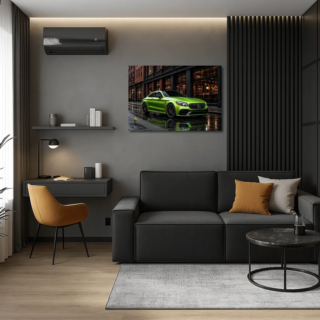 Mercedes-AMG C63 Green Rainy Urban Street – Wall Art