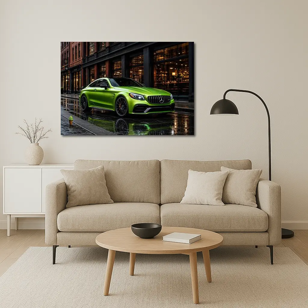 Mercedes-AMG C63 Green Rainy Urban Street – Wall Art