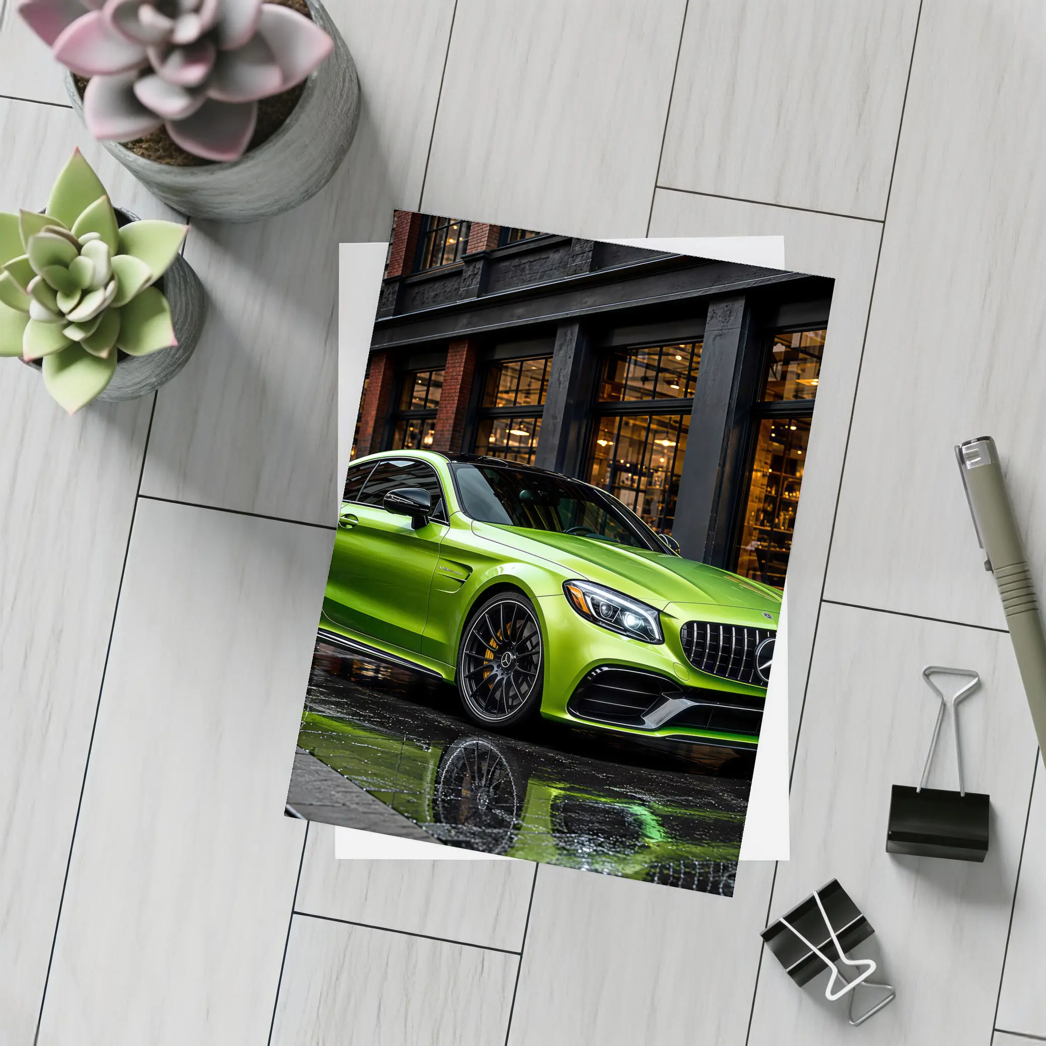 Mercedes AMG C63 Green Rainy Urban Street – Postcards