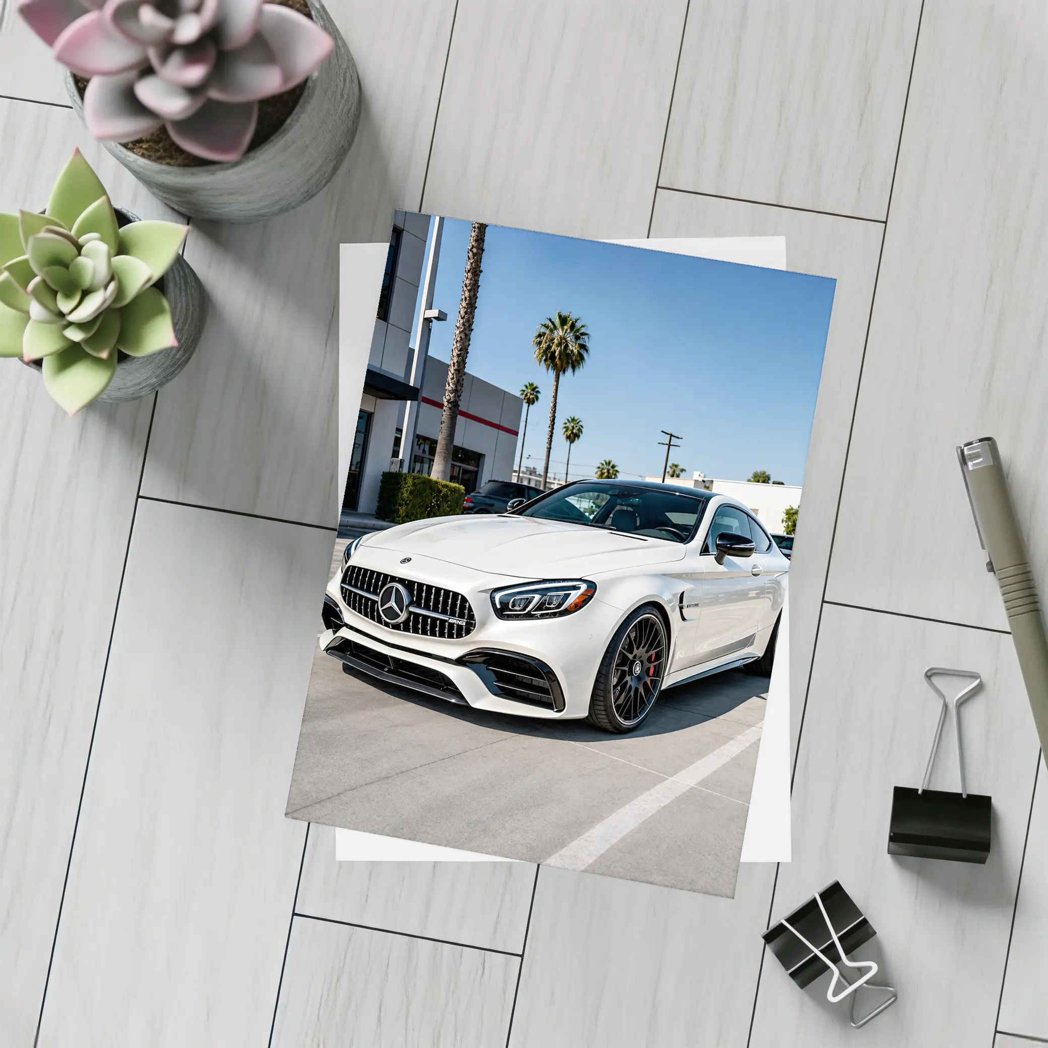 Mercedes AMG SL White Coupe Parking Lot – Postcards