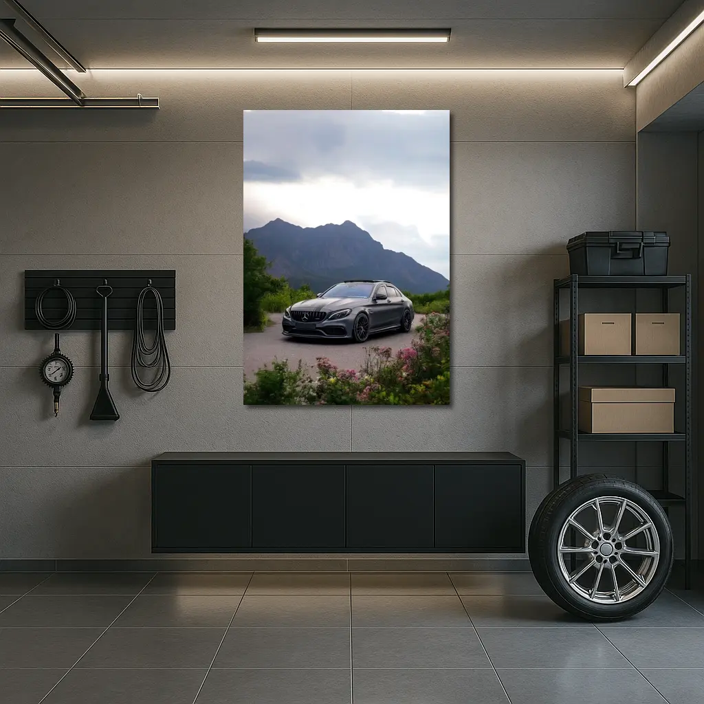 Mercedes AMG C63 Matte Gray Mountain Setting – Wall Art