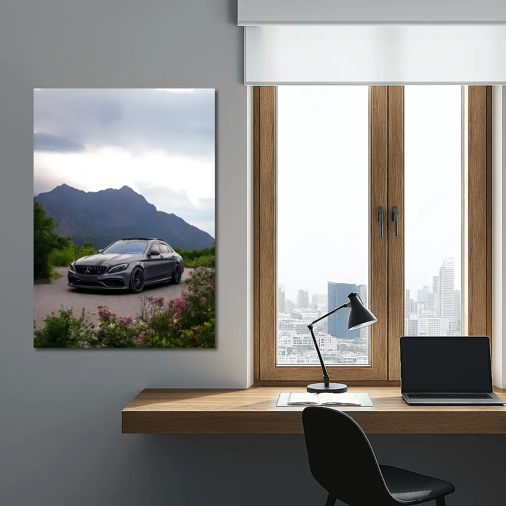 Mercedes AMG C63 Matte Gray Mountain Setting – Wall Art