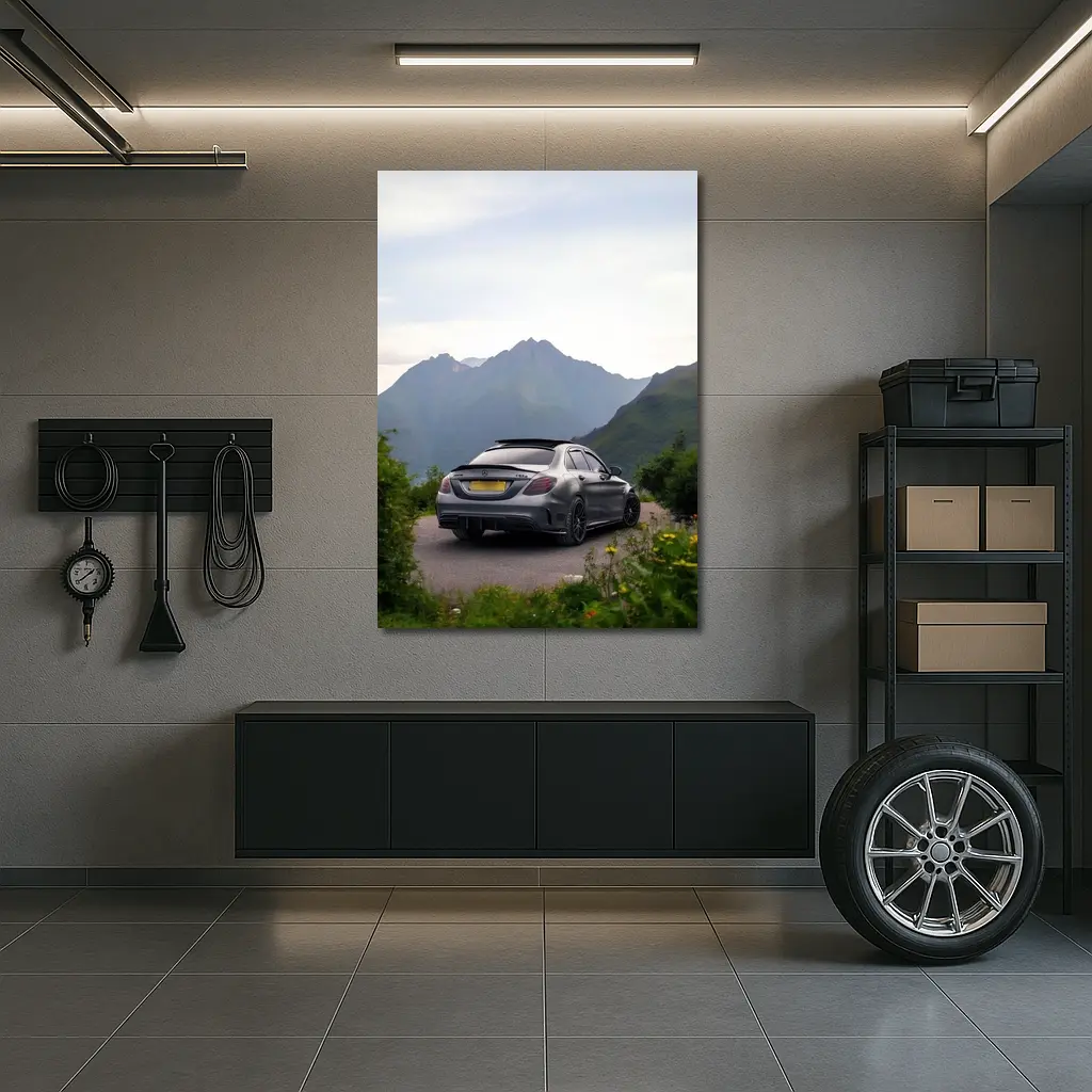 Mercedes AMG C63 Matte Gray Mountain Backdrop – Wall Art