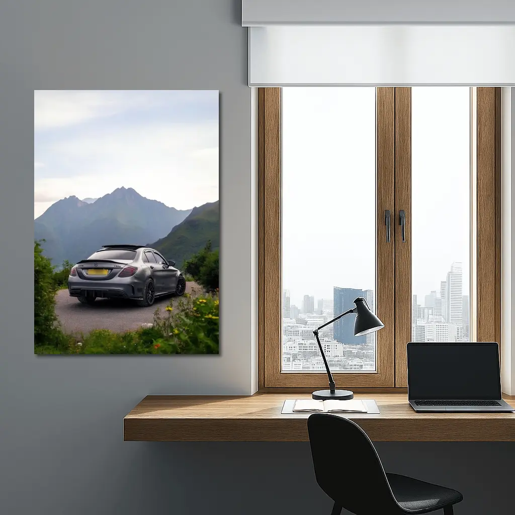 Mercedes AMG C63 Matte Gray Mountain Backdrop – Wall Art