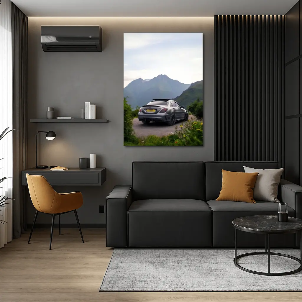 Mercedes AMG C63 Matte Gray Mountain Backdrop – Wall Art