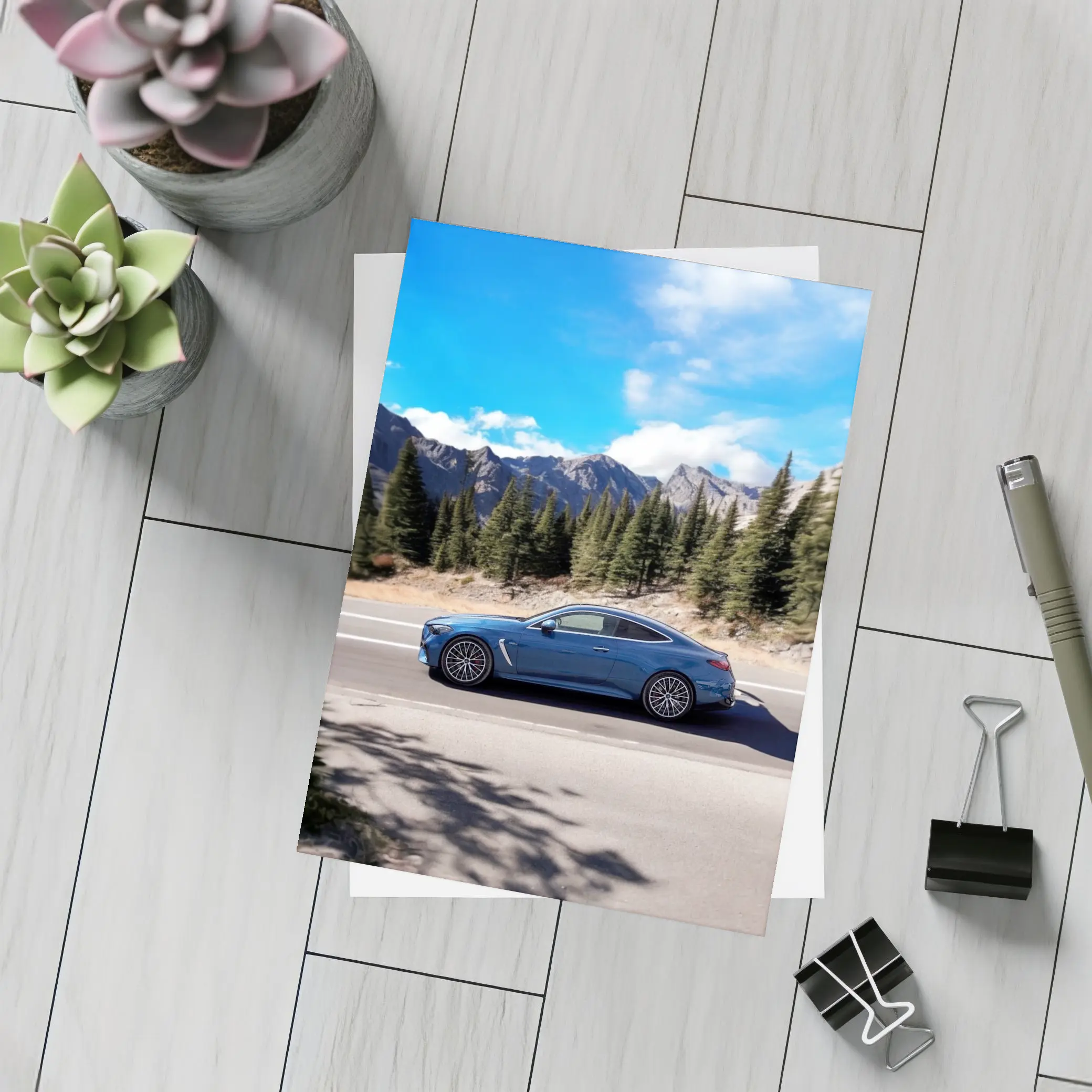 Mercedes AMG CLE Blue Coupe Mountain Road – Postcards