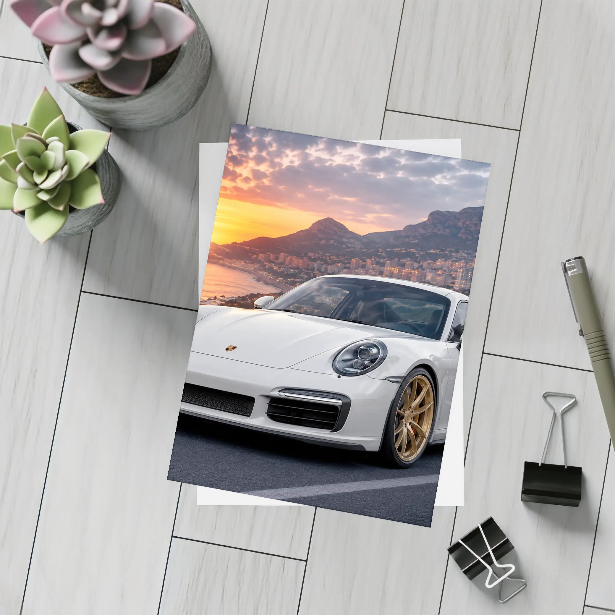 Porsche 911 Turbo White Sunset Monaco – Postcards