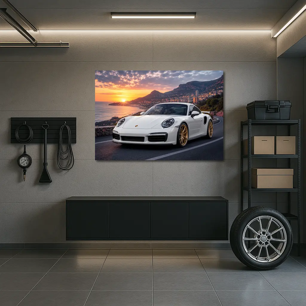 Porsche 911 Turbo White Sunset Monaco – Wall Art