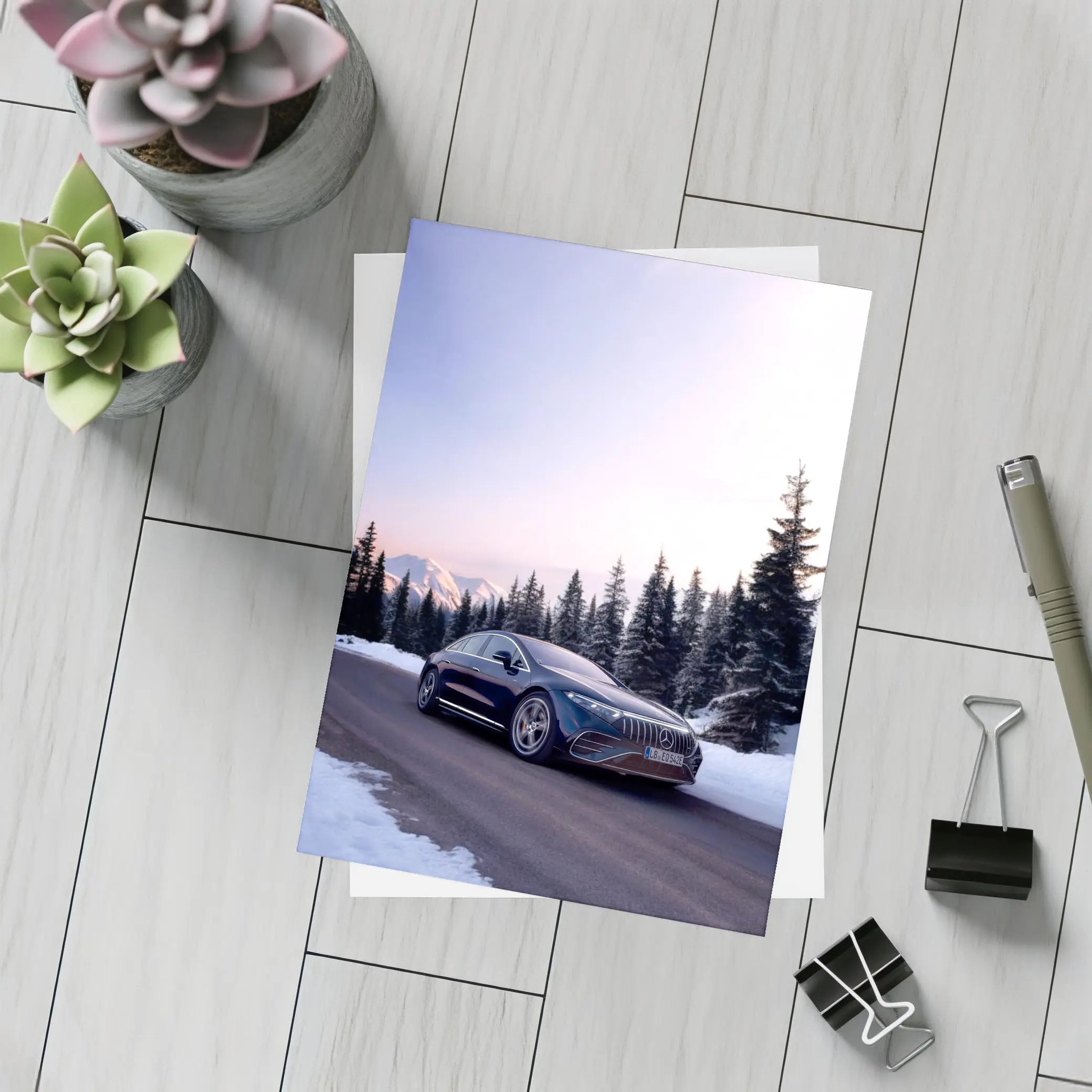 Mercedes AMG EQS Driving Snowy Winter Road – Postcards
