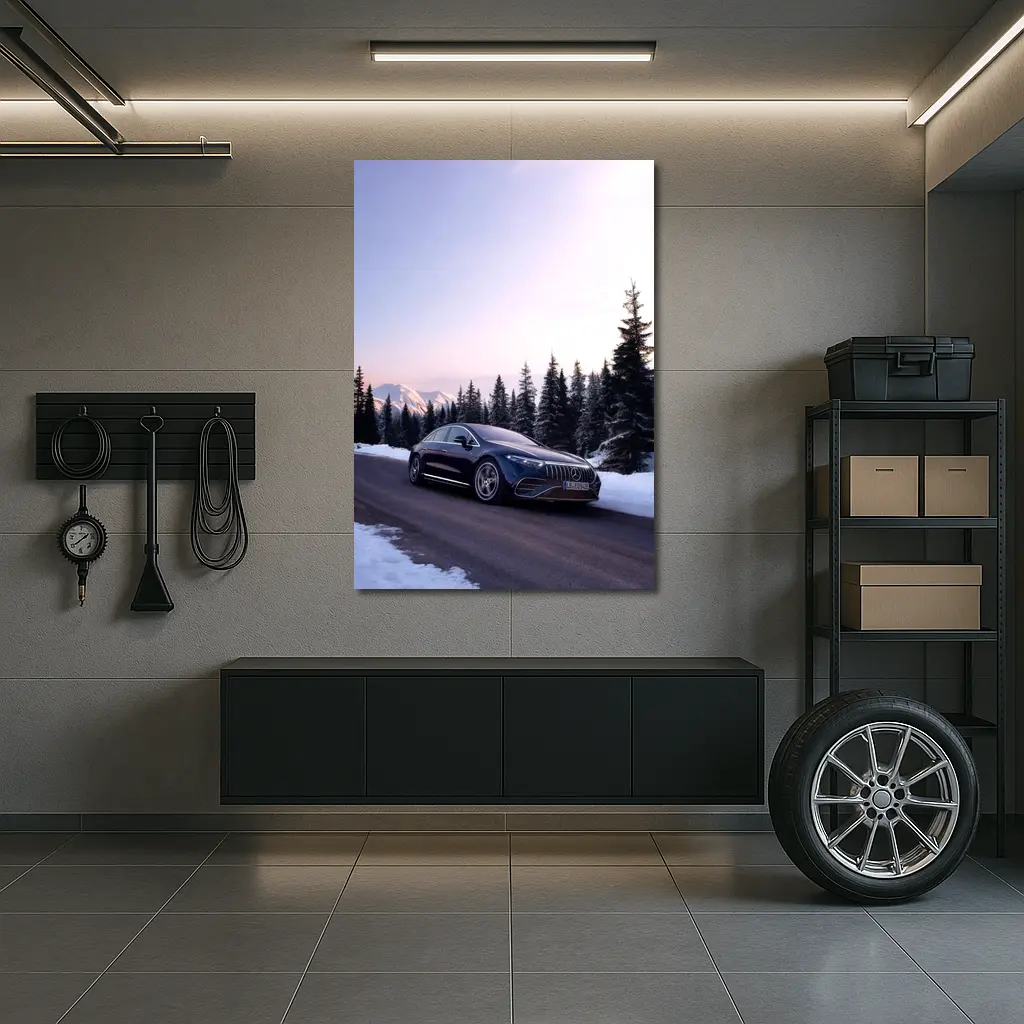 Mercedes AMG EQS Driving Snowy Winter Road – Wall Art