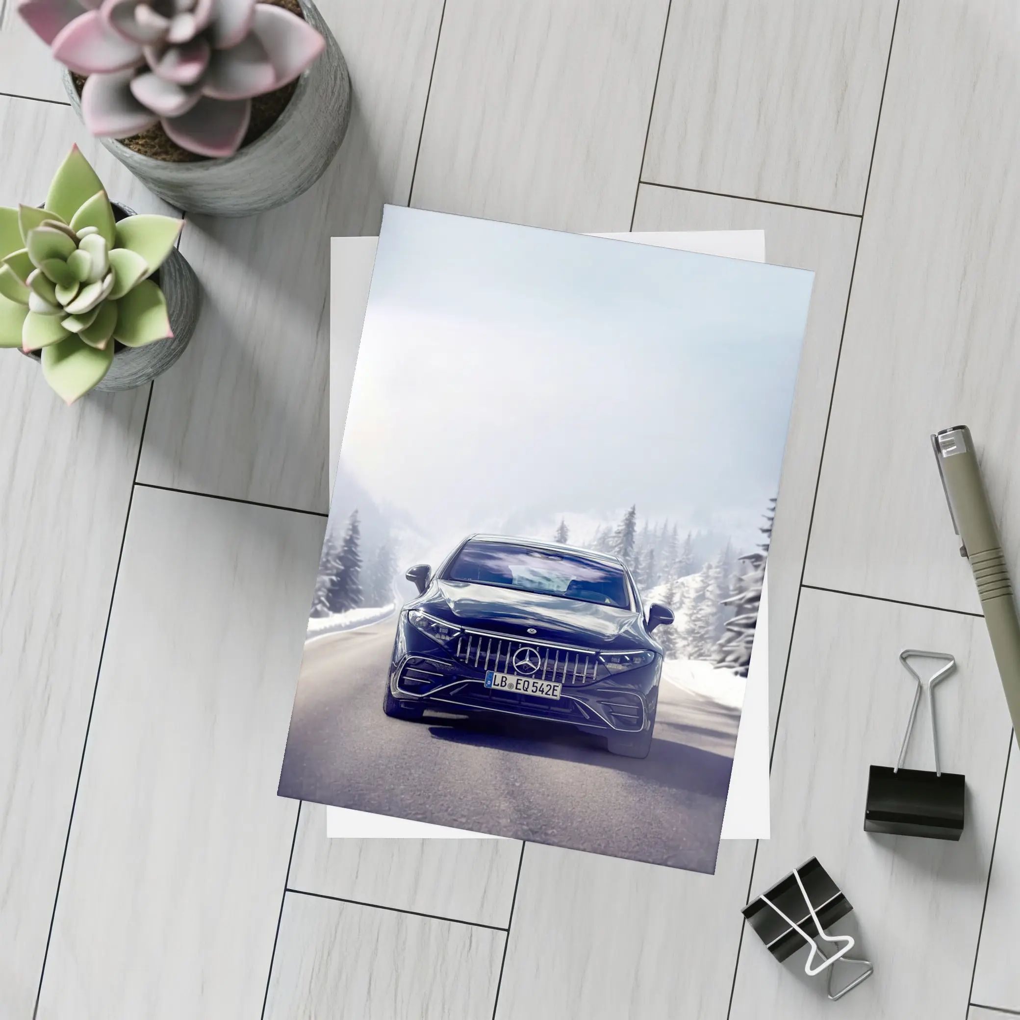 Mercedes AMG EQS Dark Blue Winter Road – Postcards