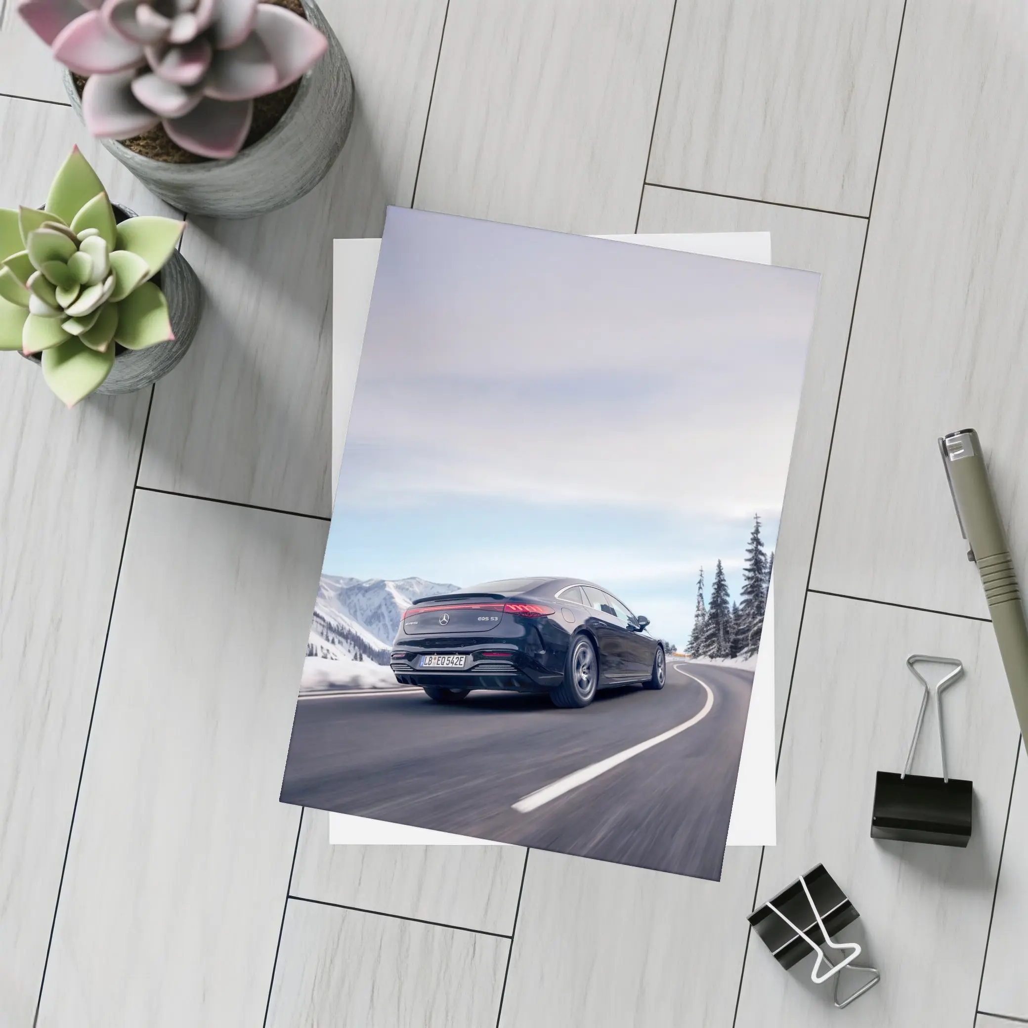 Mercedes AMG EQS Dark Blue Winter Mountain Road – Postcards