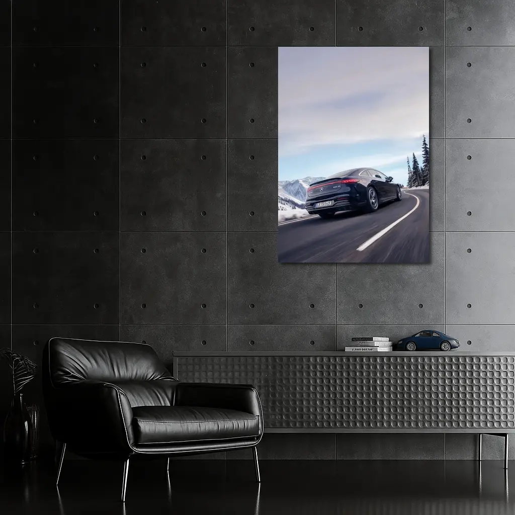 Mercedes AMG EQS Dark Blue Winter Mountain Road – Wall Art