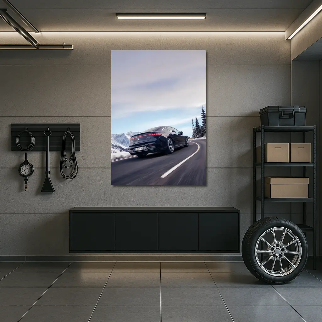 Mercedes AMG EQS Dark Blue Winter Mountain Road – Wall Art
