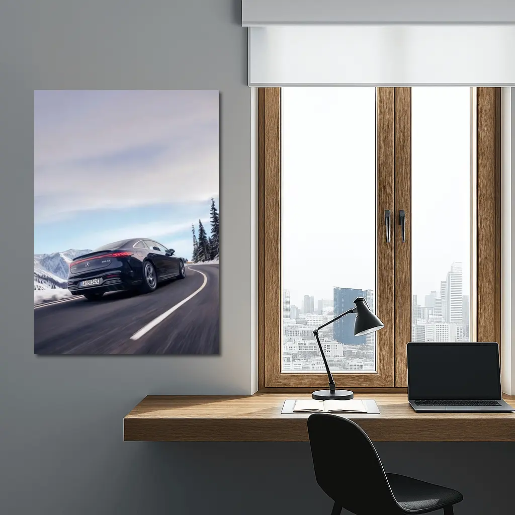 Mercedes AMG EQS Dark Blue Winter Mountain Road – Wall Art
