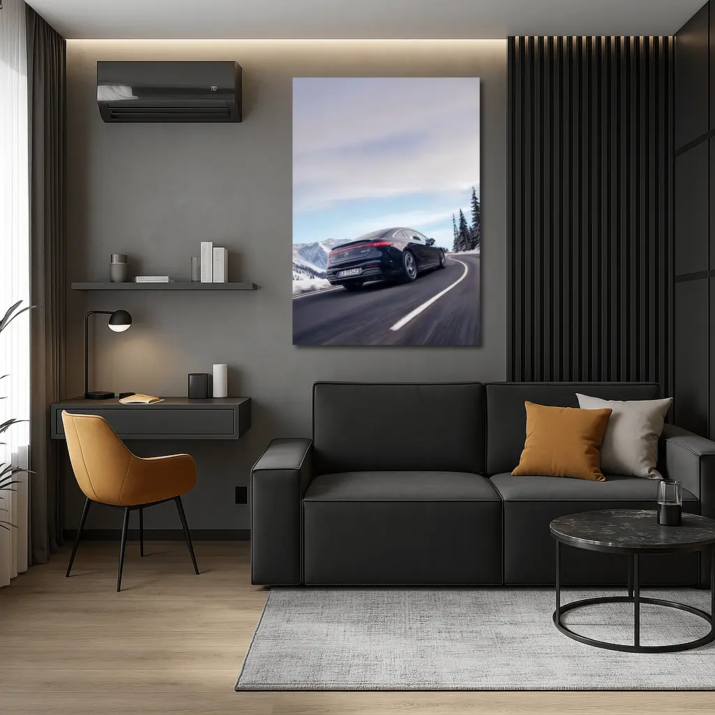 Mercedes AMG EQS Dark Blue Winter Mountain Road – Wall Art