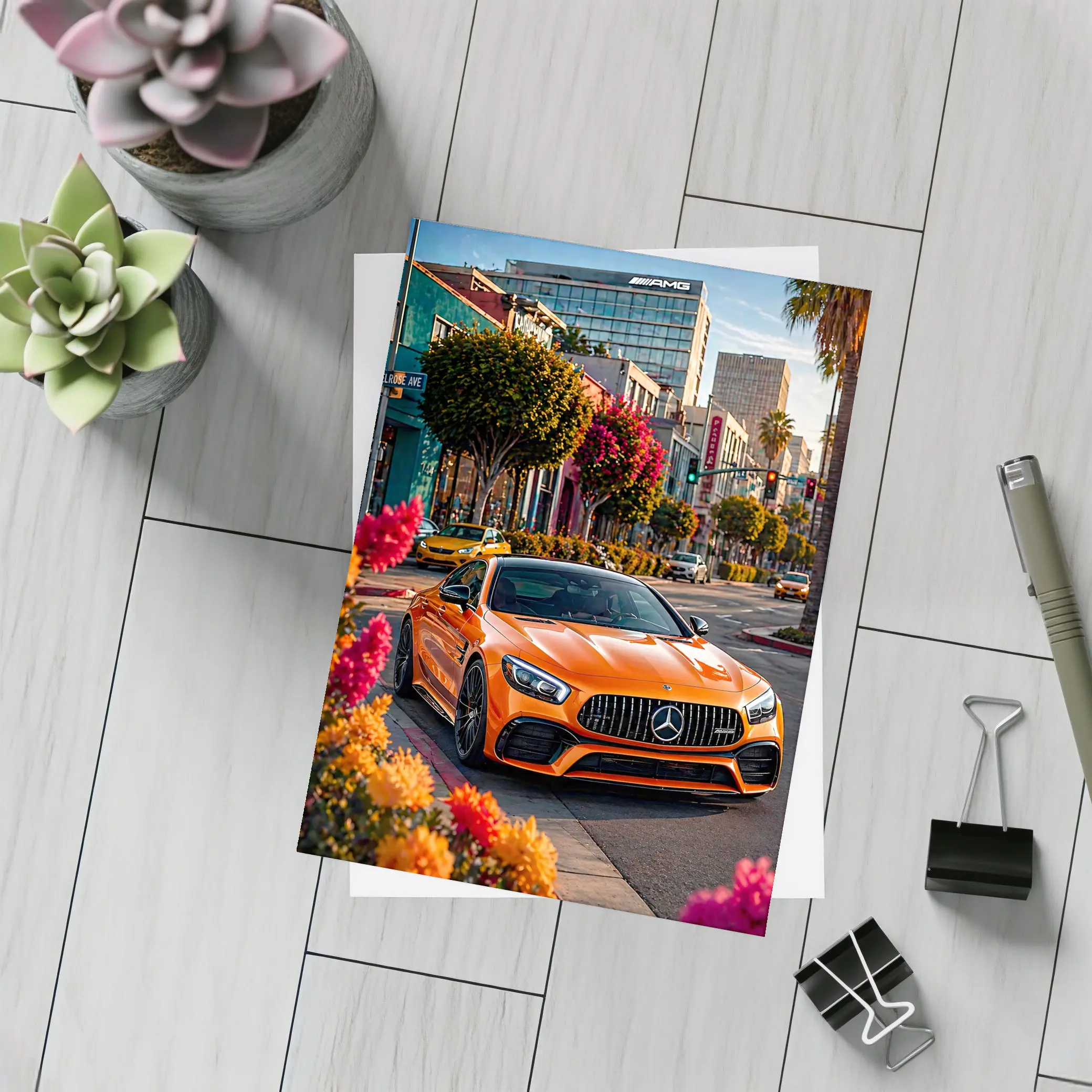 Mercedes AMG GT Orange City Street Scene – Postcards