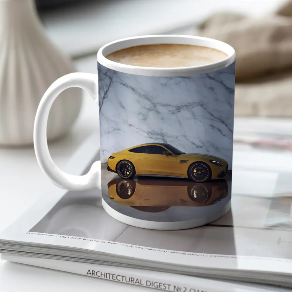 Mercedes AMG GT Yellow Against Marble Wall – Mugs
