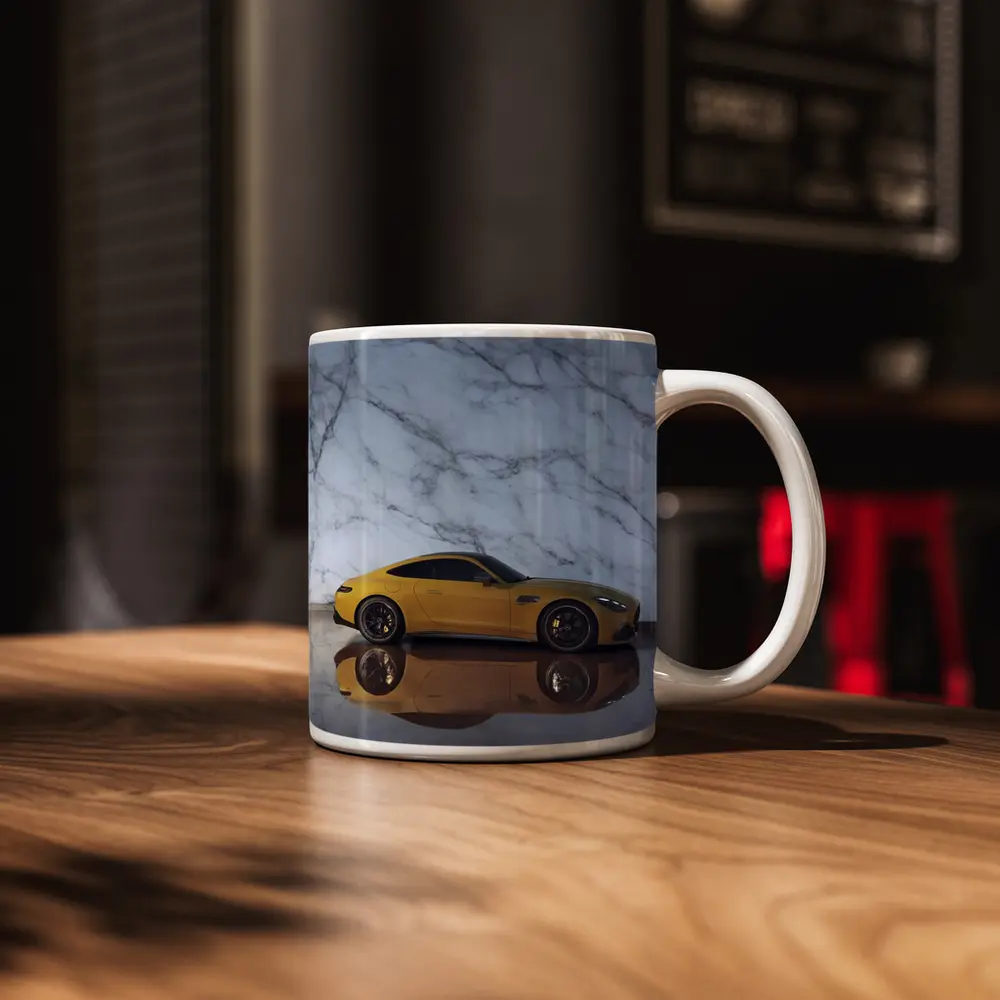 Mercedes AMG GT Yellow Against Marble Wall – Mugs