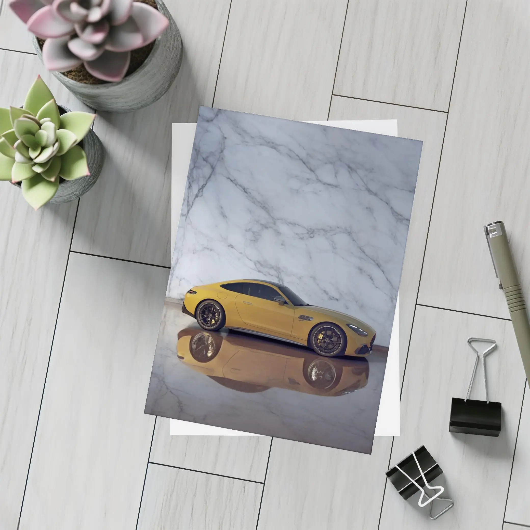 Mercedes AMG GT Yellow Against Marble Wall – Postcards