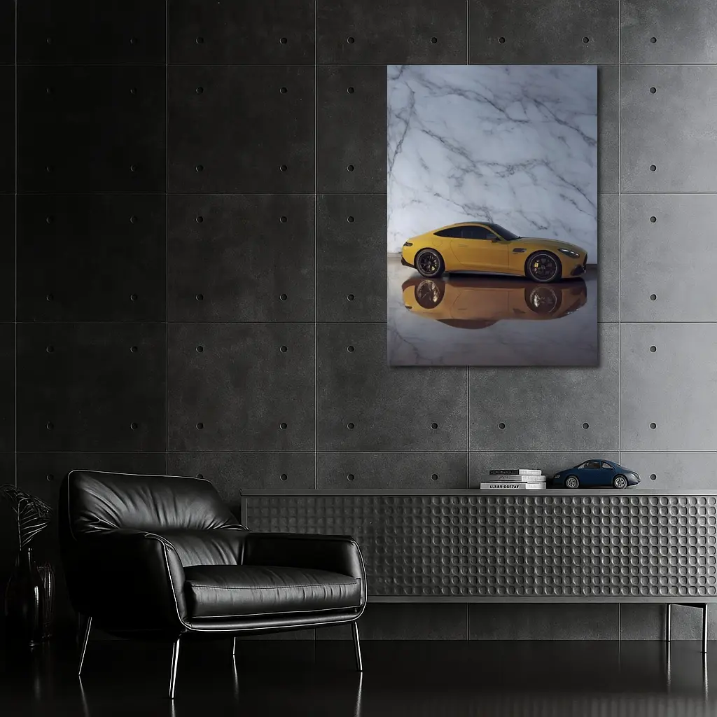 Mercedes AMG GT Yellow Against Marble Wall – Wall Art