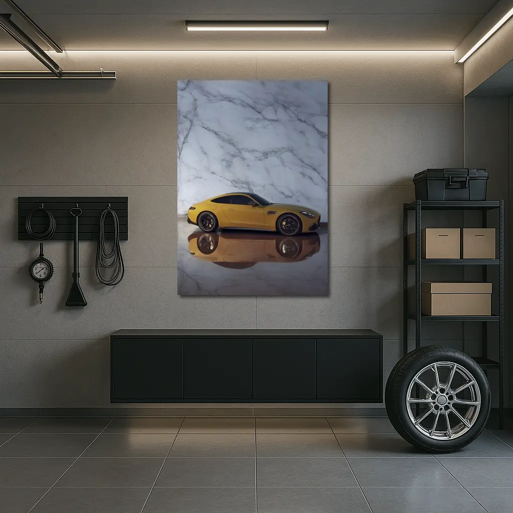 Mercedes AMG GT Yellow Against Marble Wall – Wall Art