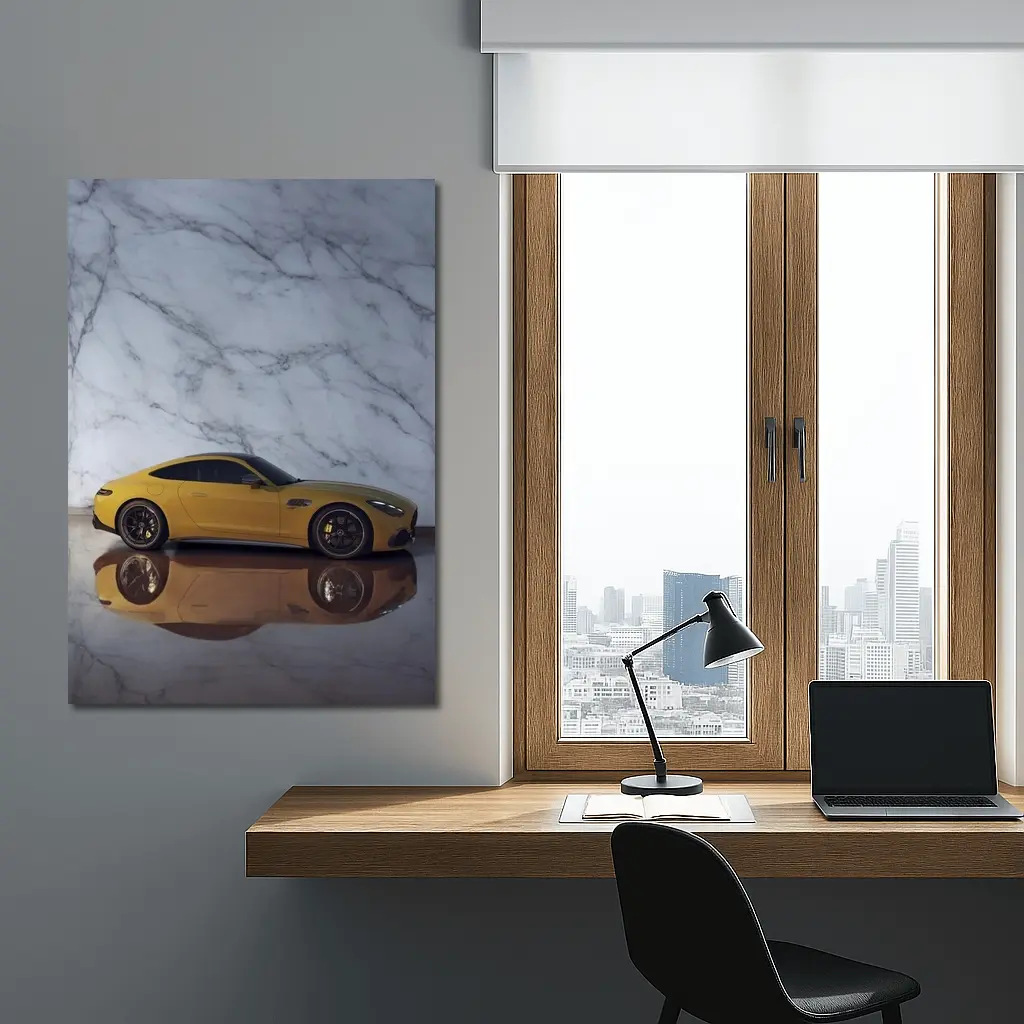 Mercedes AMG GT Yellow Against Marble Wall – Wall Art