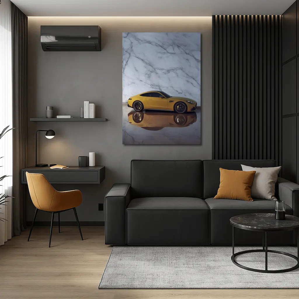 Mercedes AMG GT Yellow Against Marble Wall – Wall Art