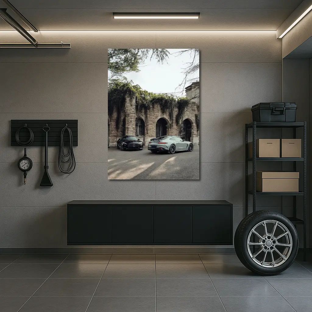 Mercedes AMG GT Two Cars Stone Building – Wall Art