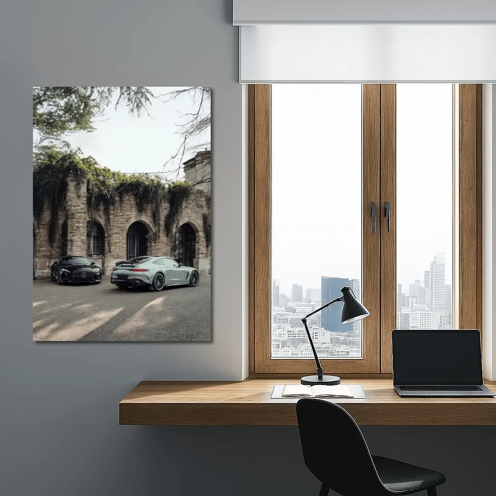 Mercedes AMG GT Two Cars Stone Building – Wall Art