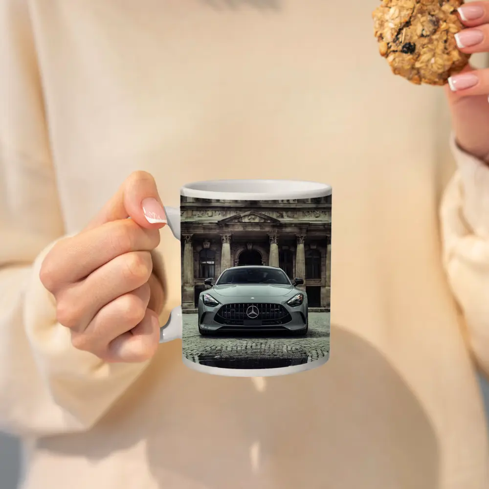 Mercedes AMG GT Front View Cobblestone Building – Mugs