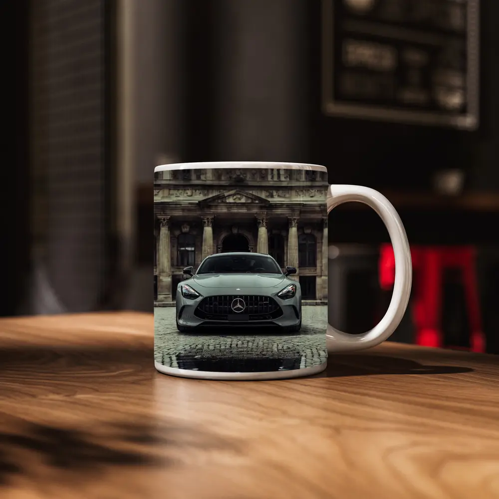 Mercedes AMG GT Front View Cobblestone Building – Mugs